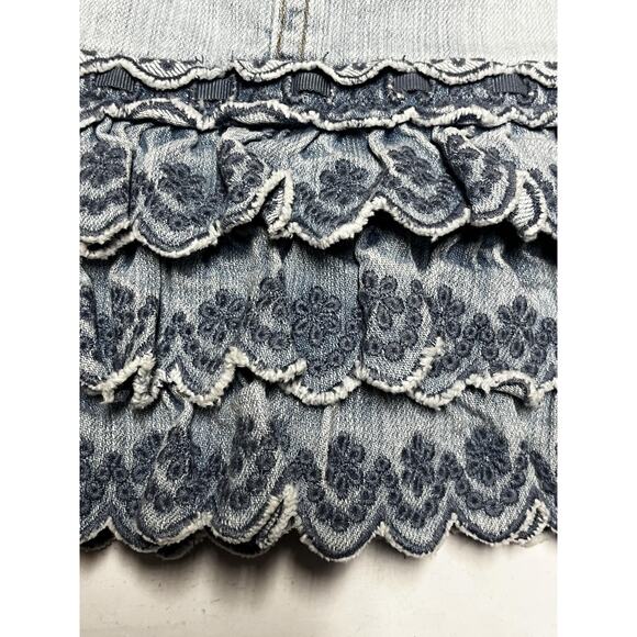 London Jean Mini Skirt Womens 12 Denim Ruffle Lace Boho Festival Embroidered - Picture 4 of 10